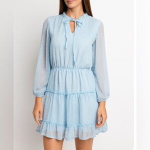 Dress swiss dot baby blue long puff sleeve tiered lined elastic waist SZ SM mini